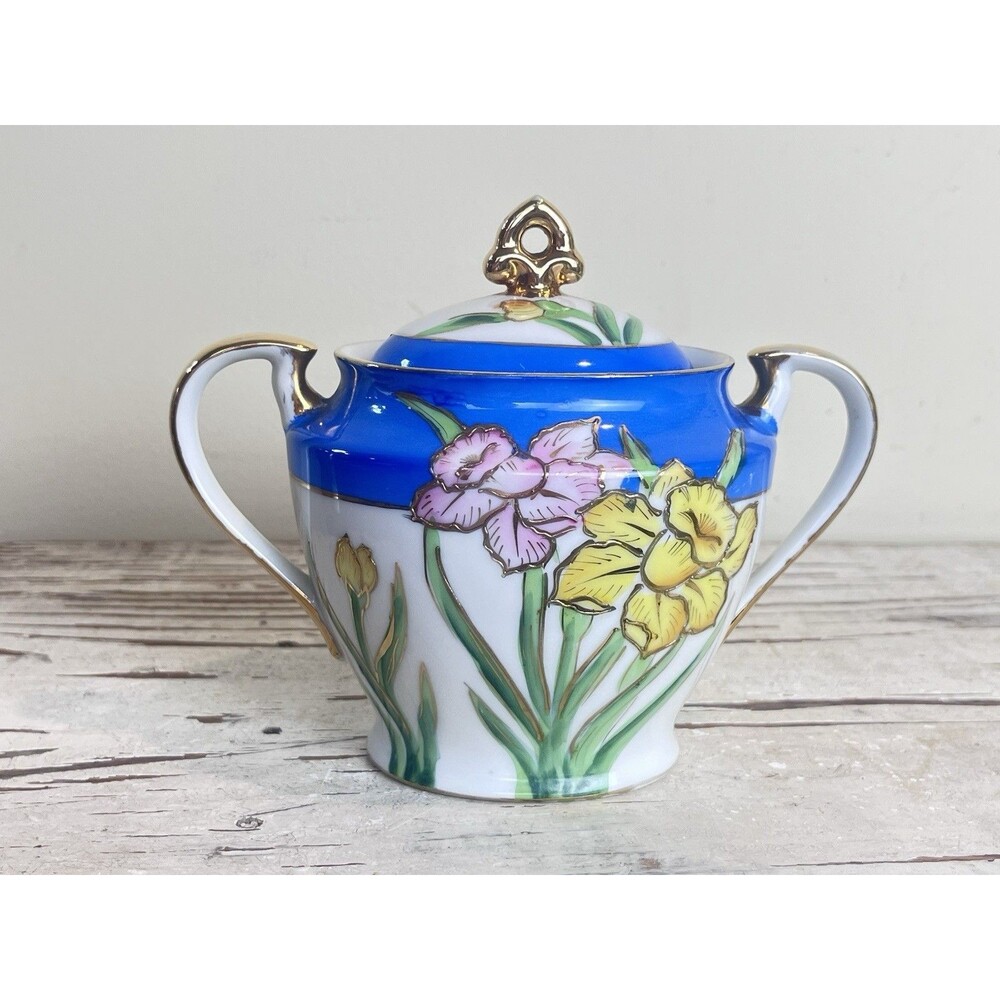 Vintage Mori Machi Blue Gold Porcelain Floral 1930s Sugar BowlHand Painted Japan
